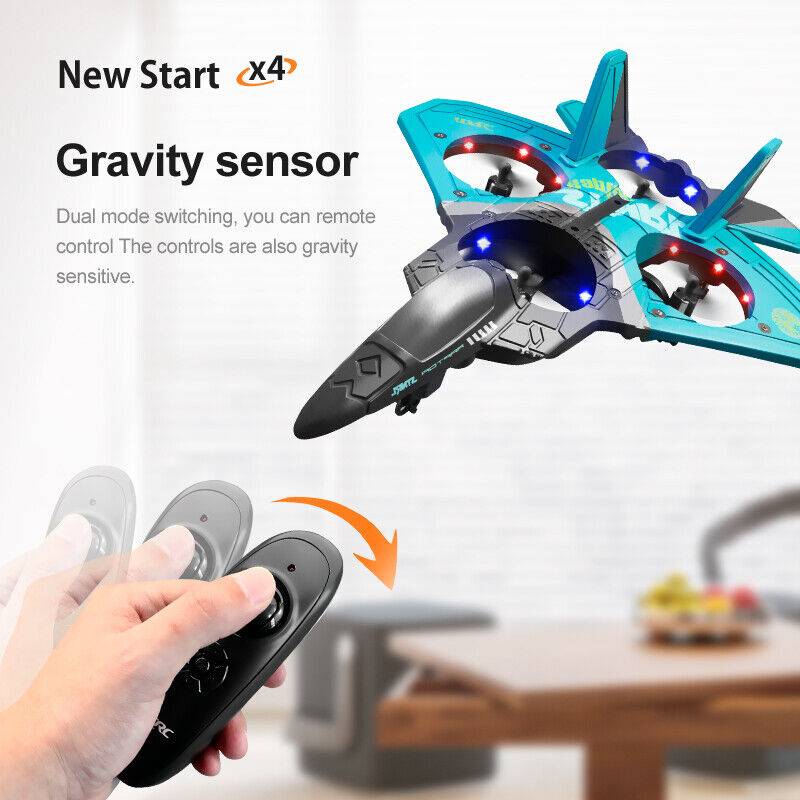 Nova Mart V17 remote control foam airplane with spinning drone and cool lights, suitable for kids and adults, in-flight view.