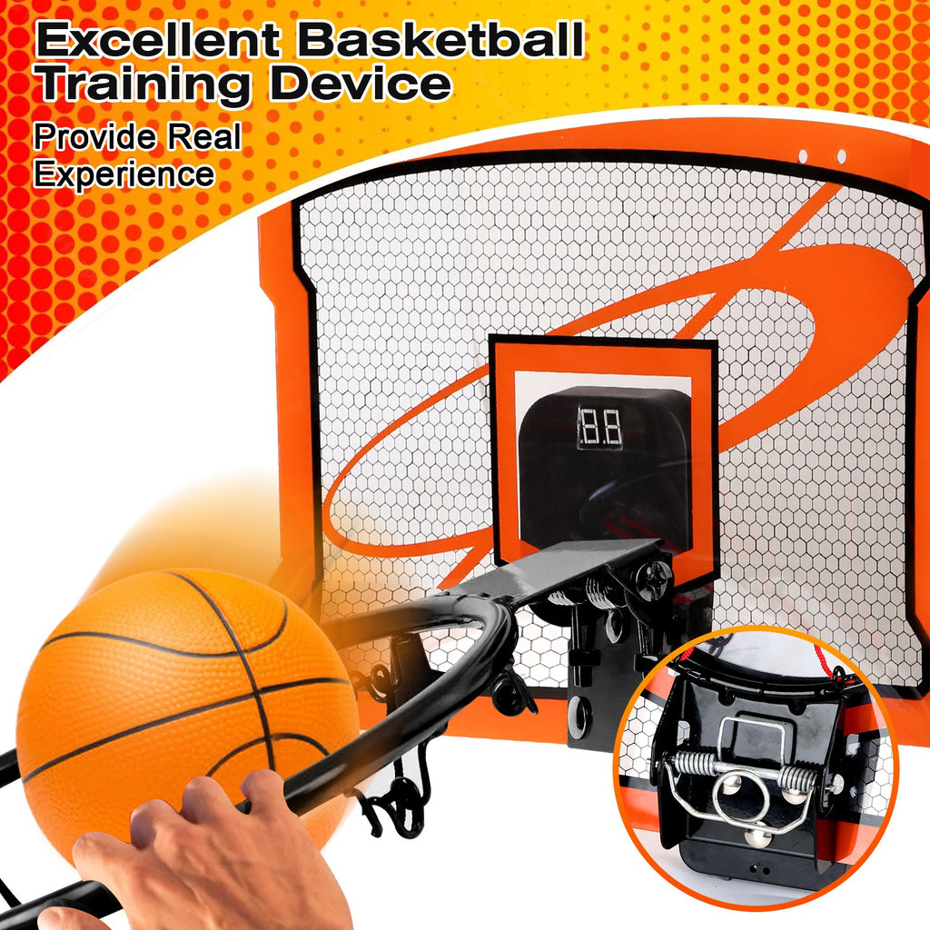 Mini basketball hoop set by Nova Mart with over-door mount, four inflatable balls, electronic scorer, and foldable basket for kids and adults.