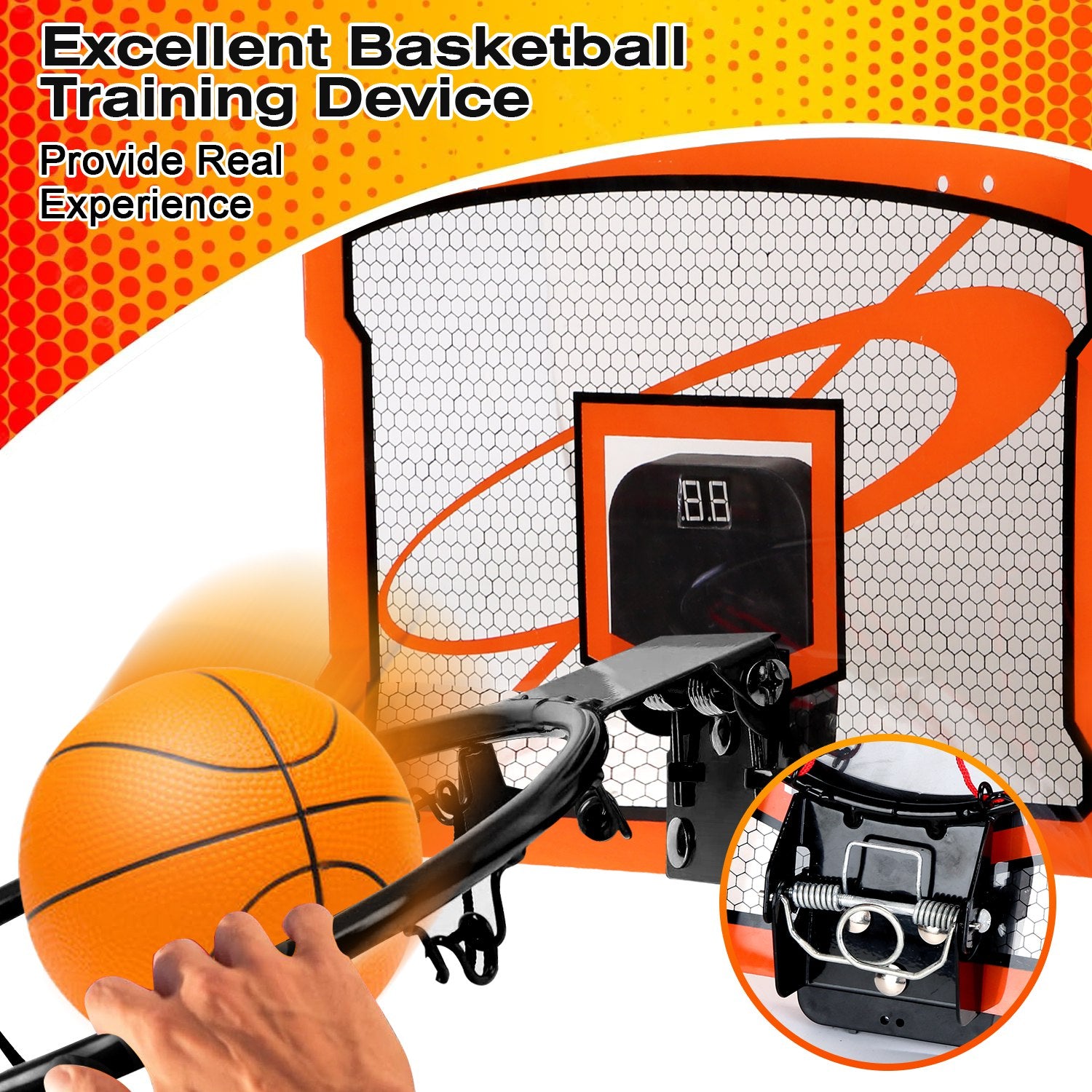 Mini basketball hoop set by Nova Mart with over-door mount, four inflatable balls, electronic scorer, and foldable basket for kids and adults.
