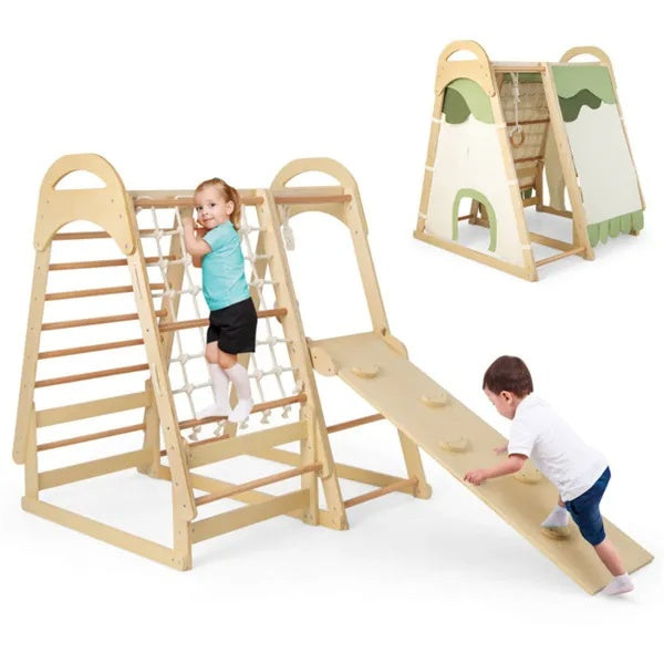 Wooden kids jungle gym playset with slides, swings, and climbing features from Nova Mart's 6-in-1 kids jungle playset collection.
