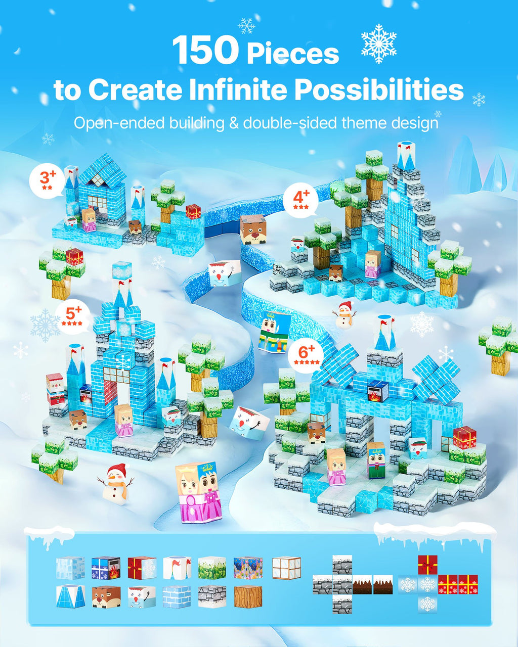 Magnetic Blocks 150 PCS Glacier Castle Set by Nova Mart, STEM Montessori sensory toys for creative building and learning.
