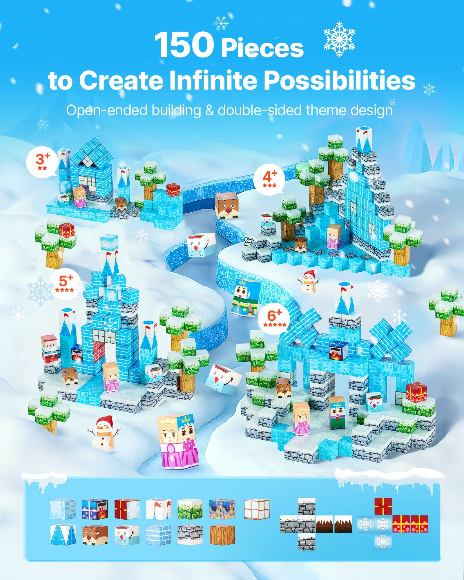 Magnetic Blocks 150 PCS Glacier Castle Set by Nova Mart, STEM Montessori sensory toys for creative building and learning.