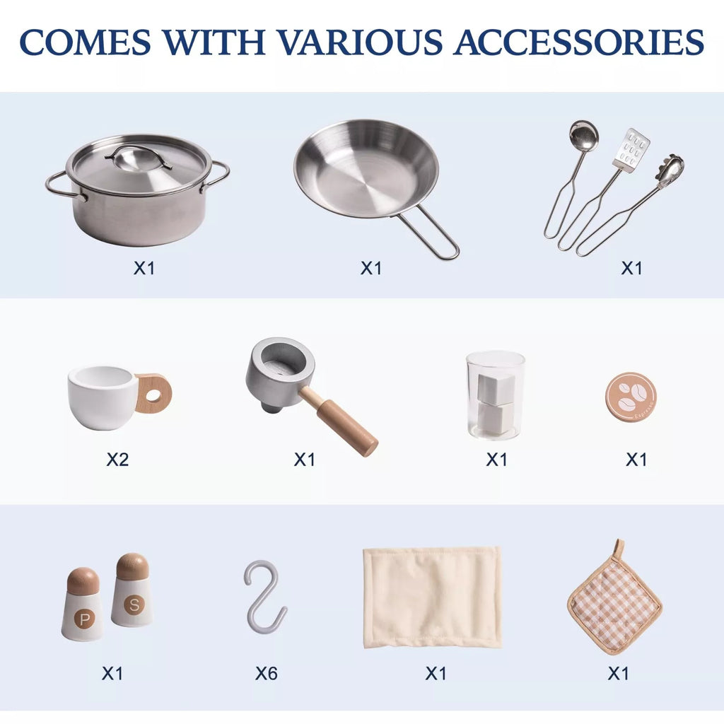 Robotime Robud wooden kitchen cooking toy set by Nova Market, featuring realistic wooden utensils and appliances for pretend play.