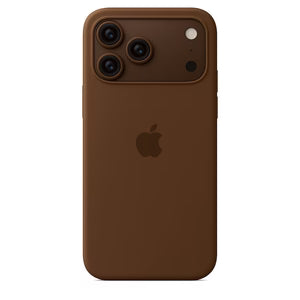 Brown leather phone case with Apple logo on a white background