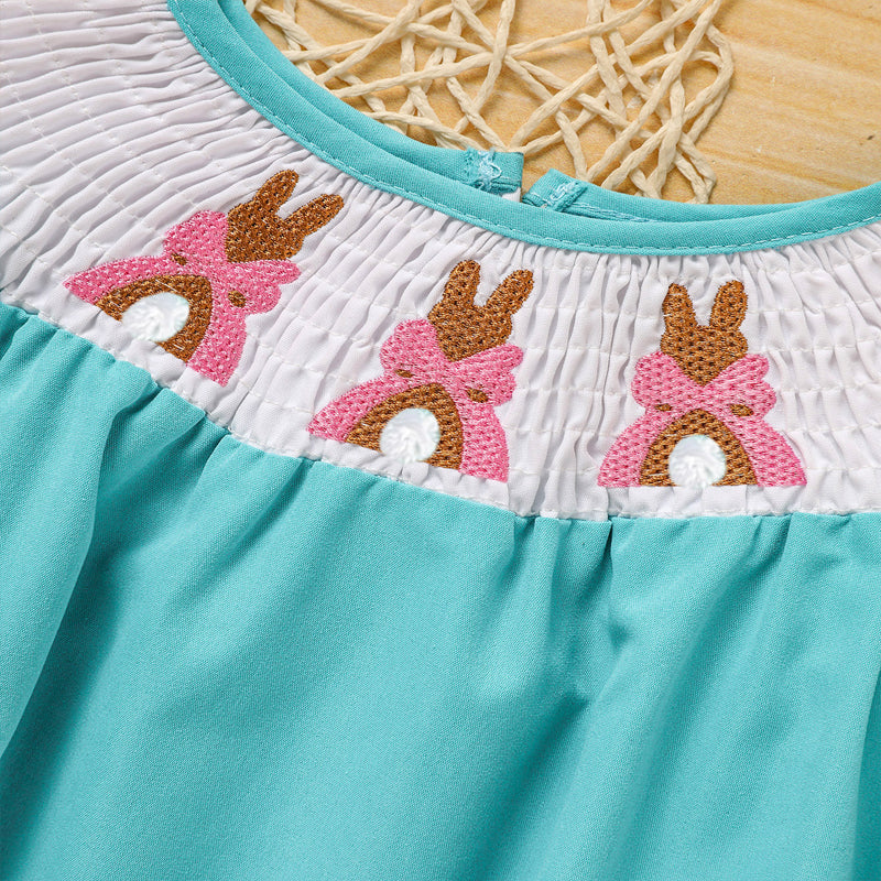 Baby girl bunny romper set by Nova Mart, soft bubble sleeve onesie with bow and embroidered cute rabbit design.
