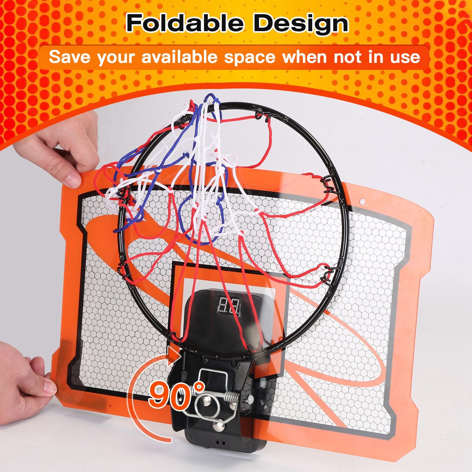 Mini basketball hoop set by Nova Mart with over door design, four inflatable balls, electric scorer, and foldable basket for kids and adults.