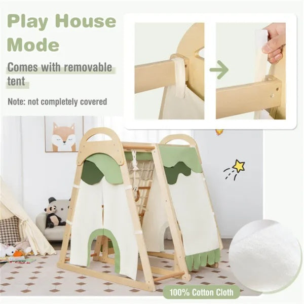 Wooden kids jungle gym playset with climbing frame, slide, and swings, designed for active play and outdoor fun.