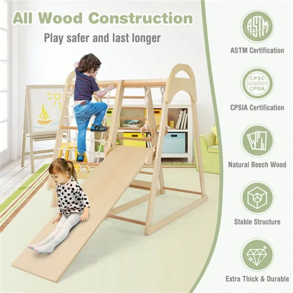 Wooden kids jungle gym playset with climbing frame, slide, and swings, designed for active outdoor play by Nova Mart.
