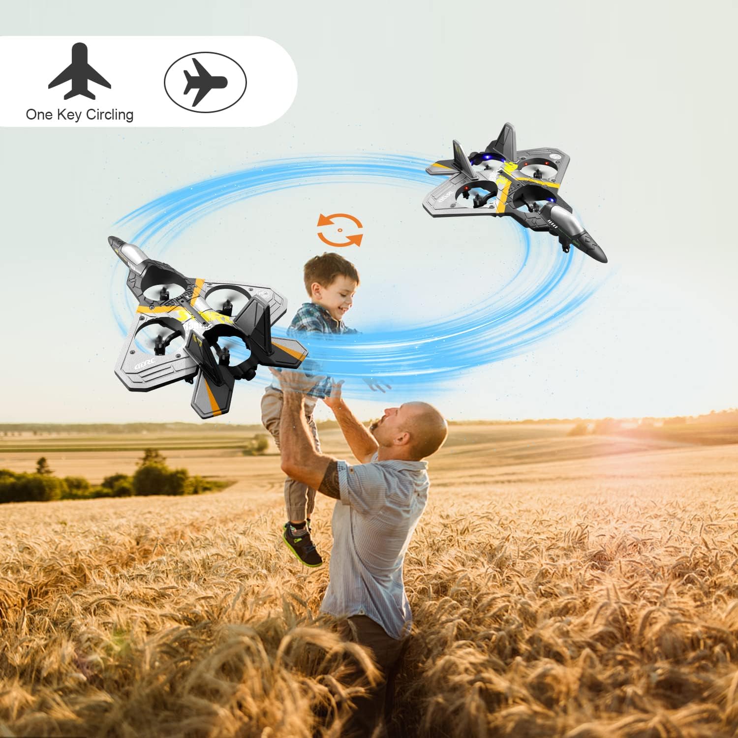 Nova Mart V17 remote control plane with spinning drone, foam construction, cool lights, suitable for kids and adults.