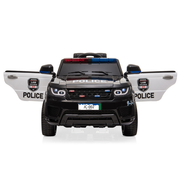 Nova Mart police car remote control vehicle with dual drive, 12V 7AH battery, microphone, and detailed police car design.