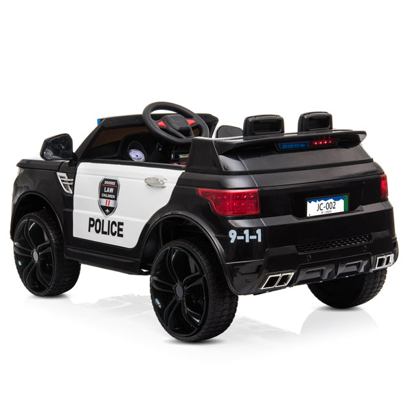 Nova Mart police car remote control vehicle with dual drive 30W motors, 12V 7AH battery, microphone, and remote control.