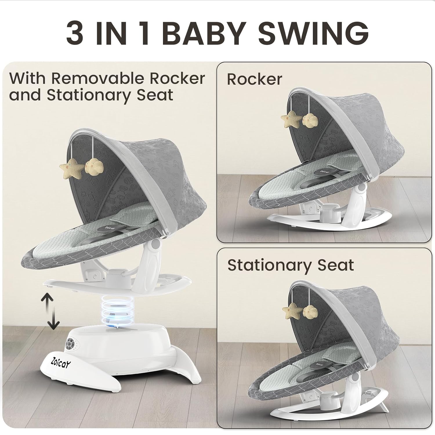 Nova Mart baby swing for infants with motion detection, three swing modes, 12 lullabies, and five adjustable speeds.