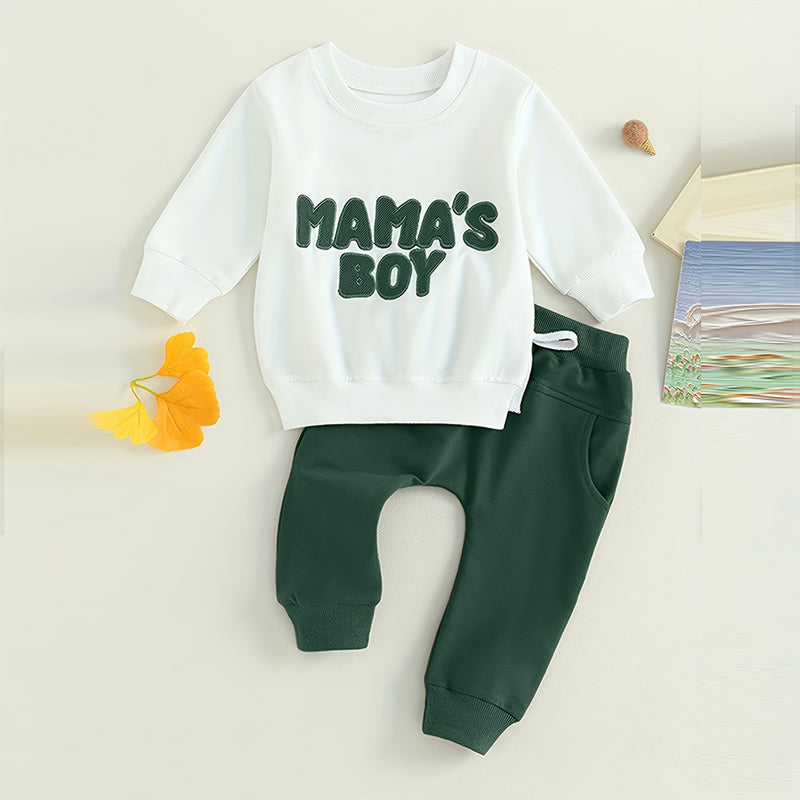 Baby boy's 2-piece sweatshirt set by Nova Mart with round neck letter print top and drawstring jogger pants for spring and fall.