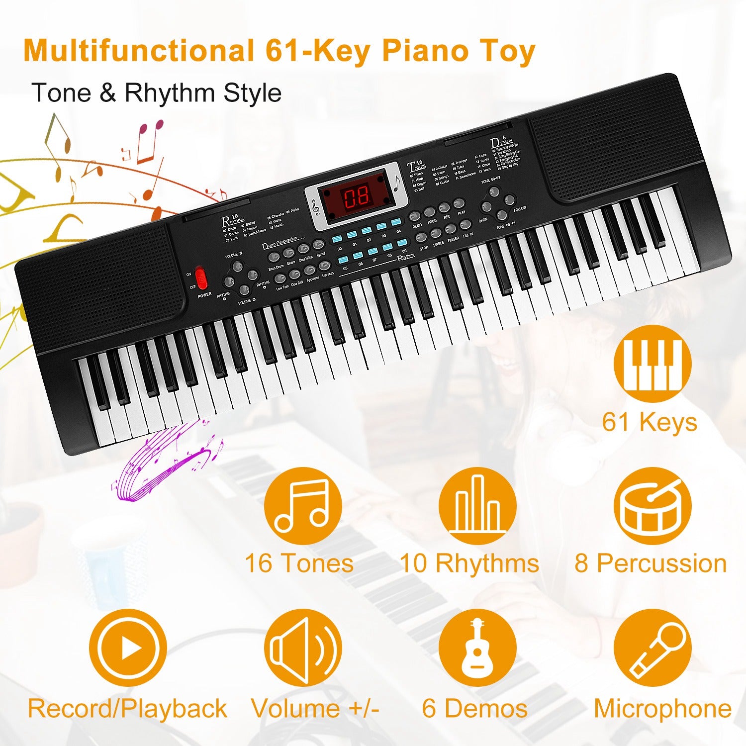 Nova Mart 61-key electronic music keyboard with stand and microphone, ideal for kids and beginners learning electric piano.