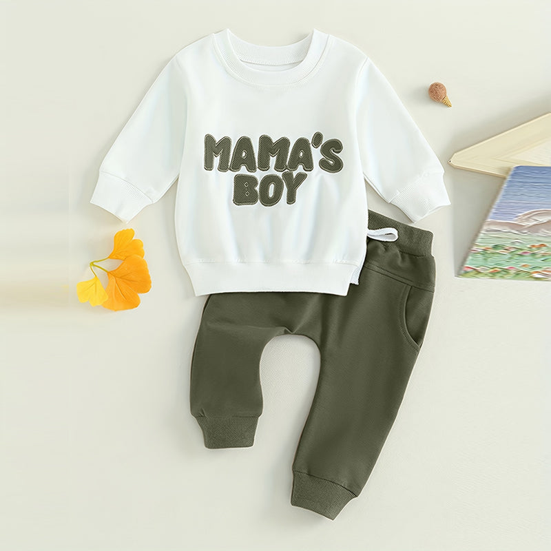 Baby boy's 2-piece sweatshirt set with round neck letter print top and drawstring jogger pants by Nova Mart for spring and fall.