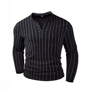 Black pinstripe long-sleeve shirt on a white background