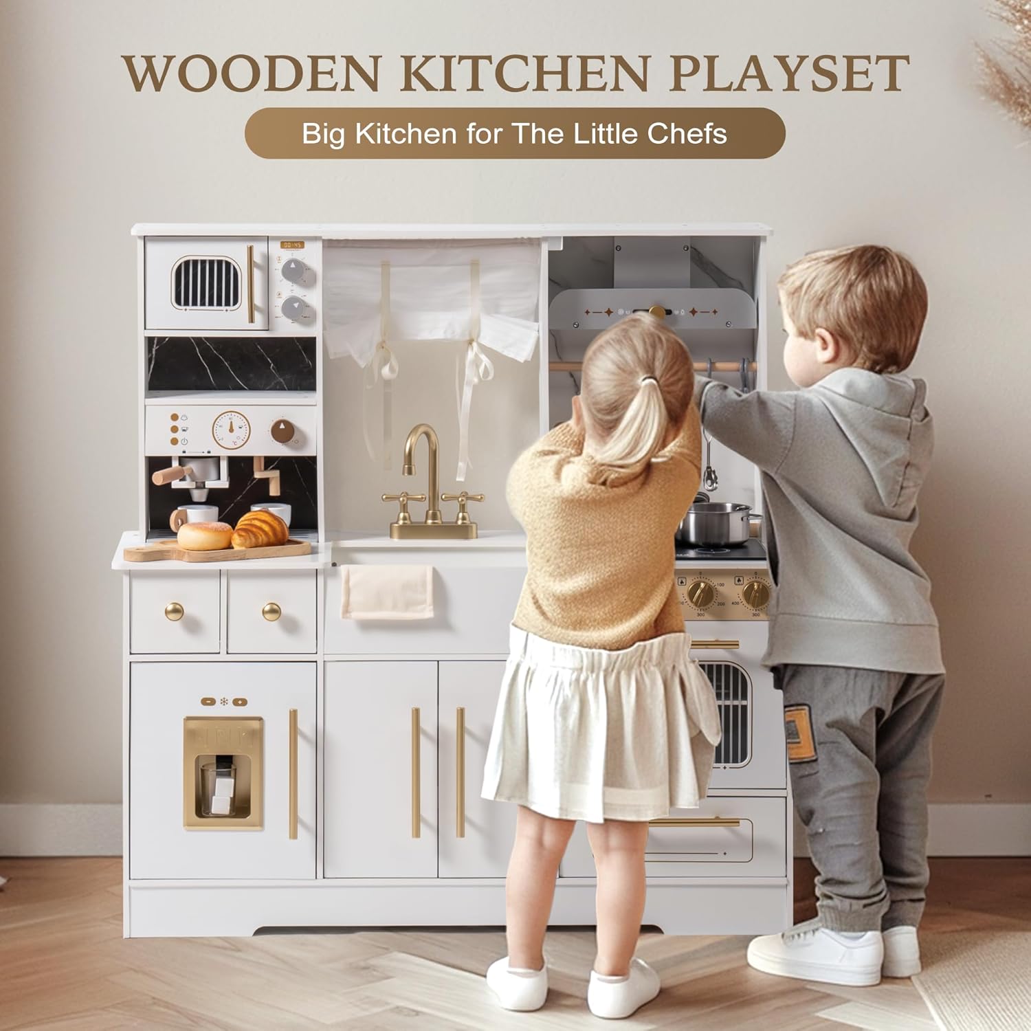 Wooden kitchen cooking toy set by Nova Market, includes pretend play utensils and accessories for kids' imaginative play.