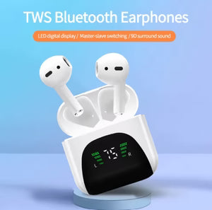 TWS Bluetooth earphones with charging case on a blue background