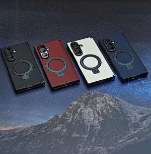 Five phone cases in black, red, white, and blue on a mountain and starry sky background