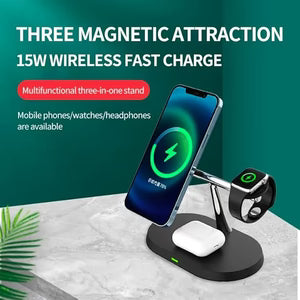 Multifunctional three-in-one wireless charging stand with smartphone, watch, and headphones on a marble surface.