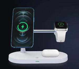 Multi-device charging stand with smartphone, smartwatch, and wireless charger on a dark background