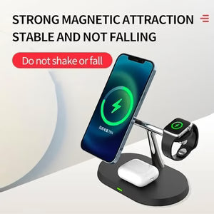 Phone, watch, and wireless charger on a magnetic stand with text about strong magnetic attraction.