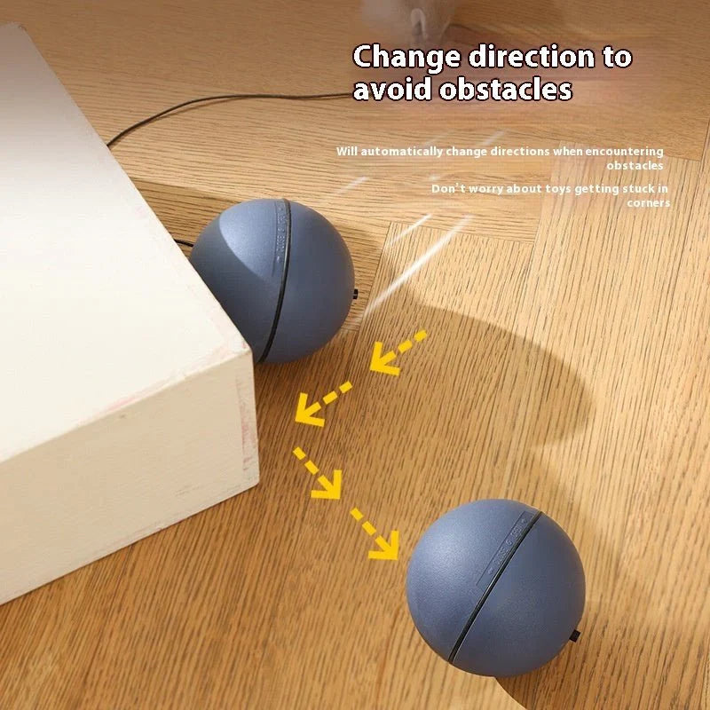 Blue toy ball on a wooden floor with text indicating it changes direction to avoid obstacles.