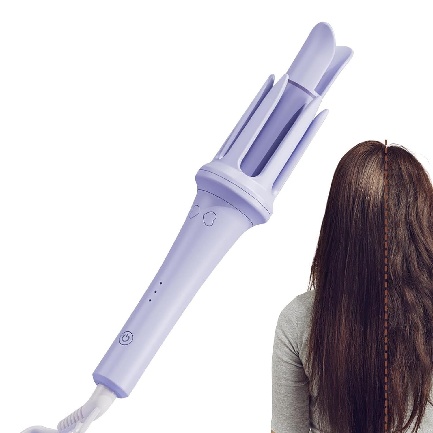 Purple hair curler with a women it on a white background