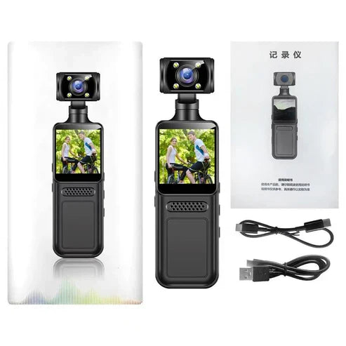 Nova Market 1080P HD Mini Handheld Video Recorder with 360° rotatable dual camera and gimbal stabilizer for smooth footage.