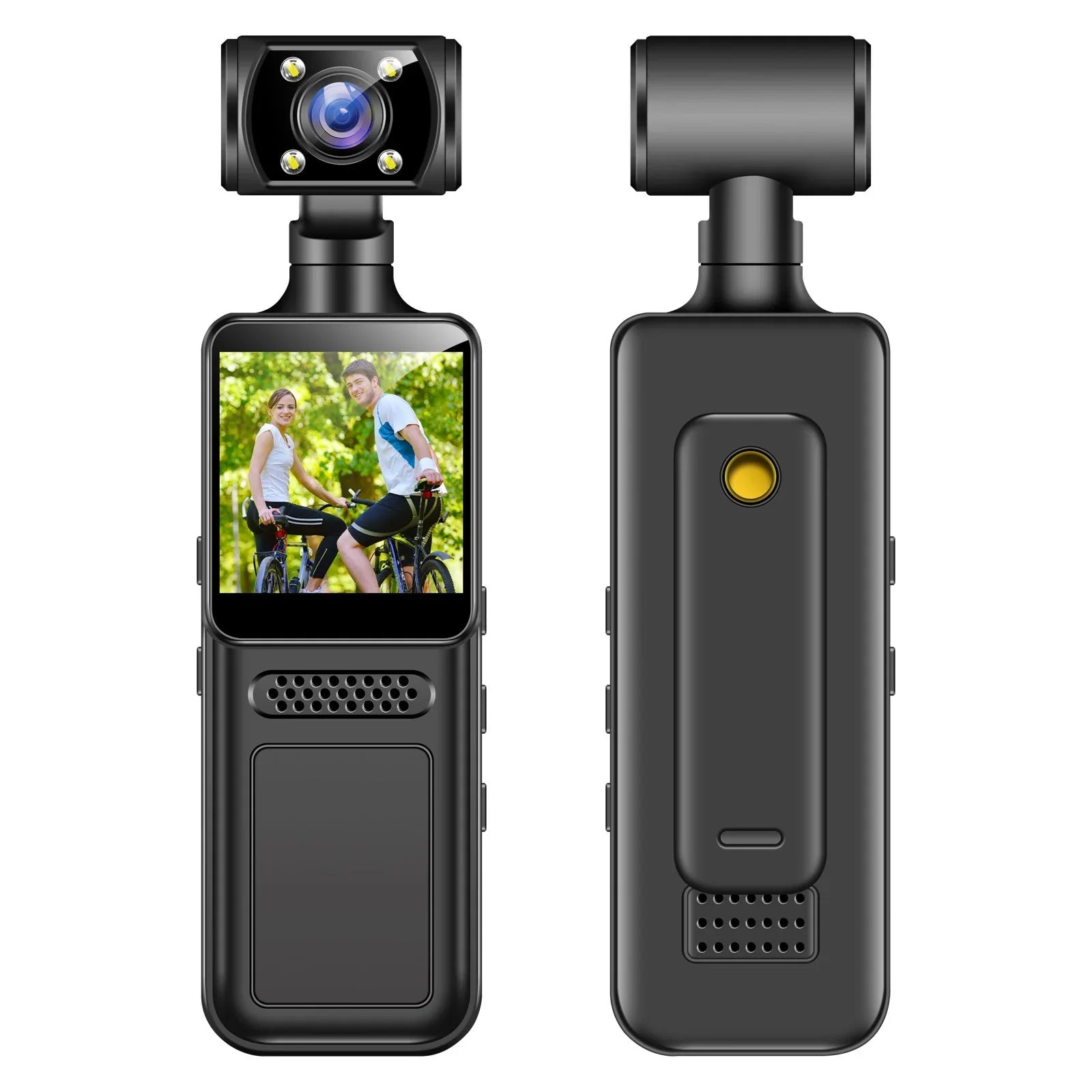Nova Market 1080P HD mini handheld video recorder with 360° rotatable dual camera and gimbal stabilizer for smooth footage.