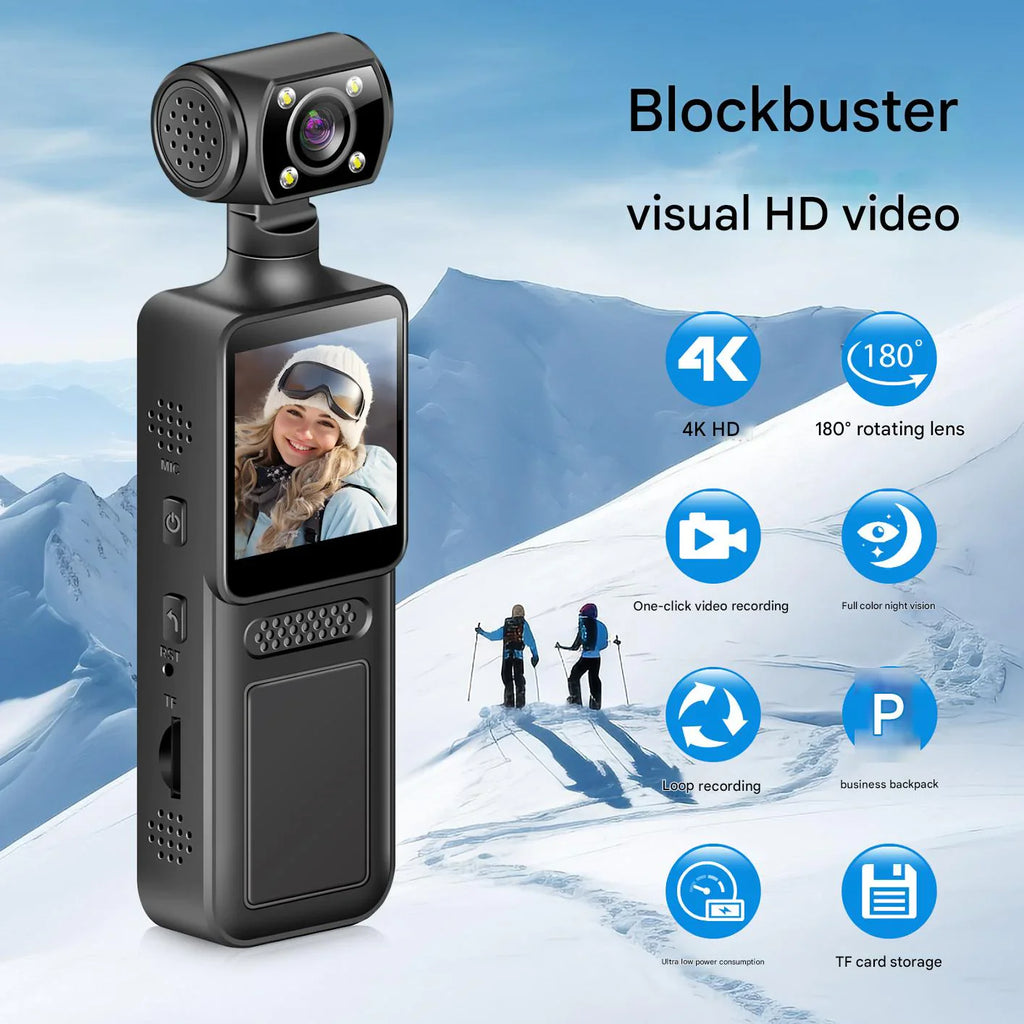 Nova Market 1080P HD mini handheld video recorder with 360° rotatable dual camera and gimbal stabilizer for smooth footage.