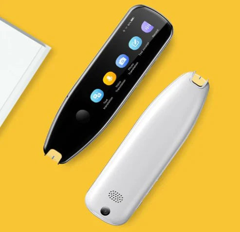 Two electronic devices, one black and one silver, on a yellow background