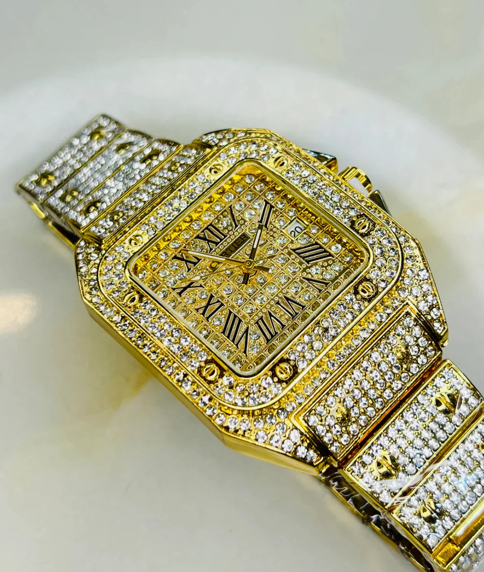 Gold watch with diamond-studded band on a white background