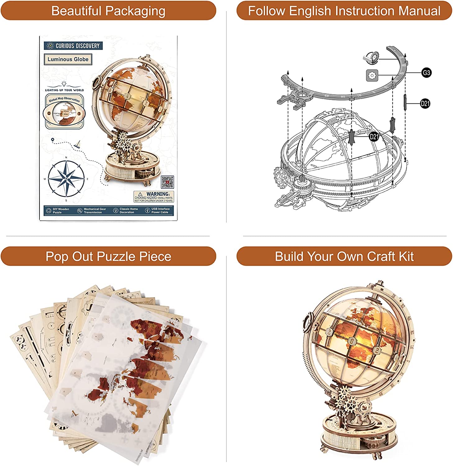 Collage of a craft kit with packaging, instructions, and a completed globe model.