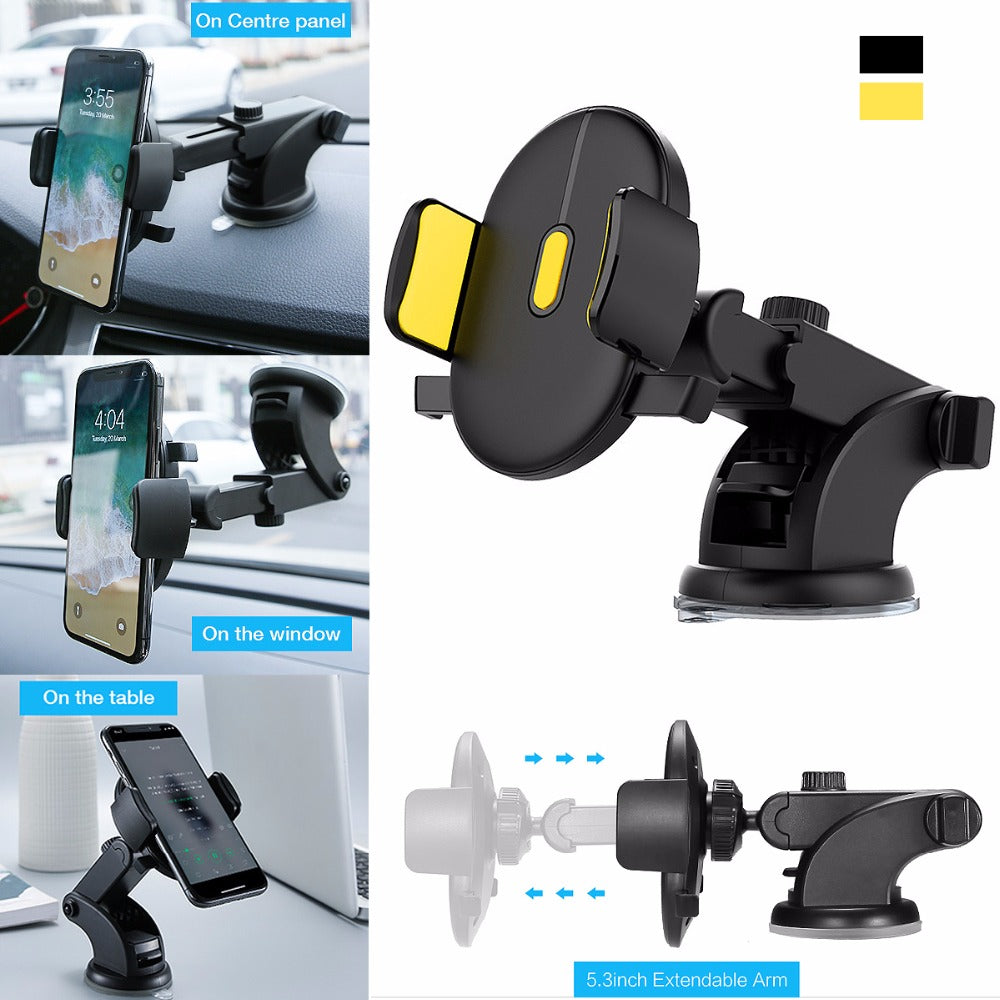 Multi-functional car phone holder with various mounting options on a white background