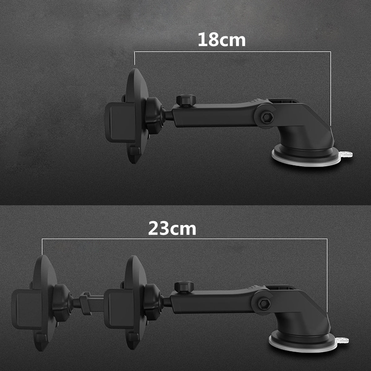 Black car mount with measurements on a dark background