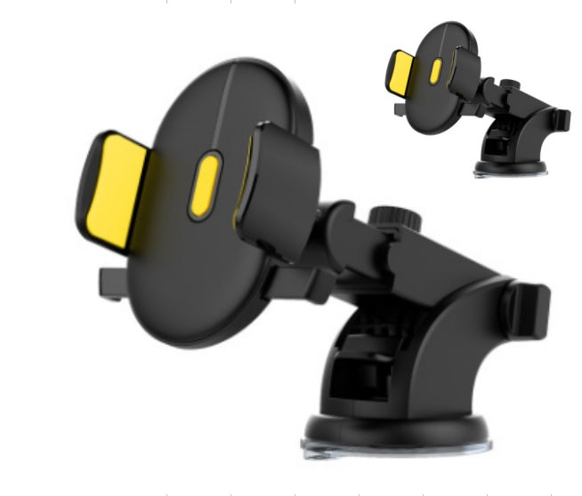 Black and yellow car phone holder with additional attachment on a white background