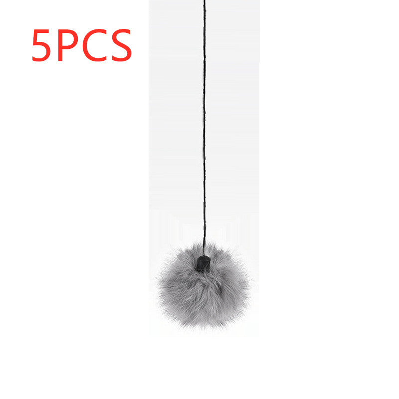 Gray fluffy cat toy with a string on a white background, labeled '5PCS' in red text.