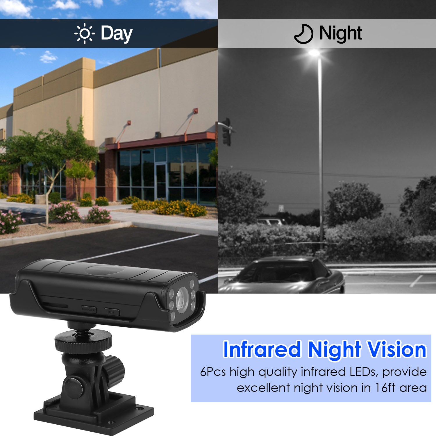 Infrared night vision camera with day and night views of a building and street.