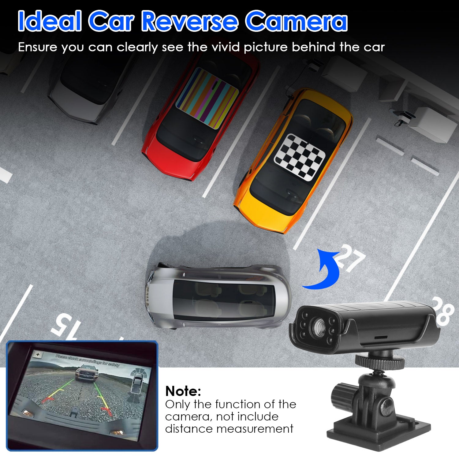 Car reverse camera system with a view of cars in a parking lot and a screen displaying the camera's view.