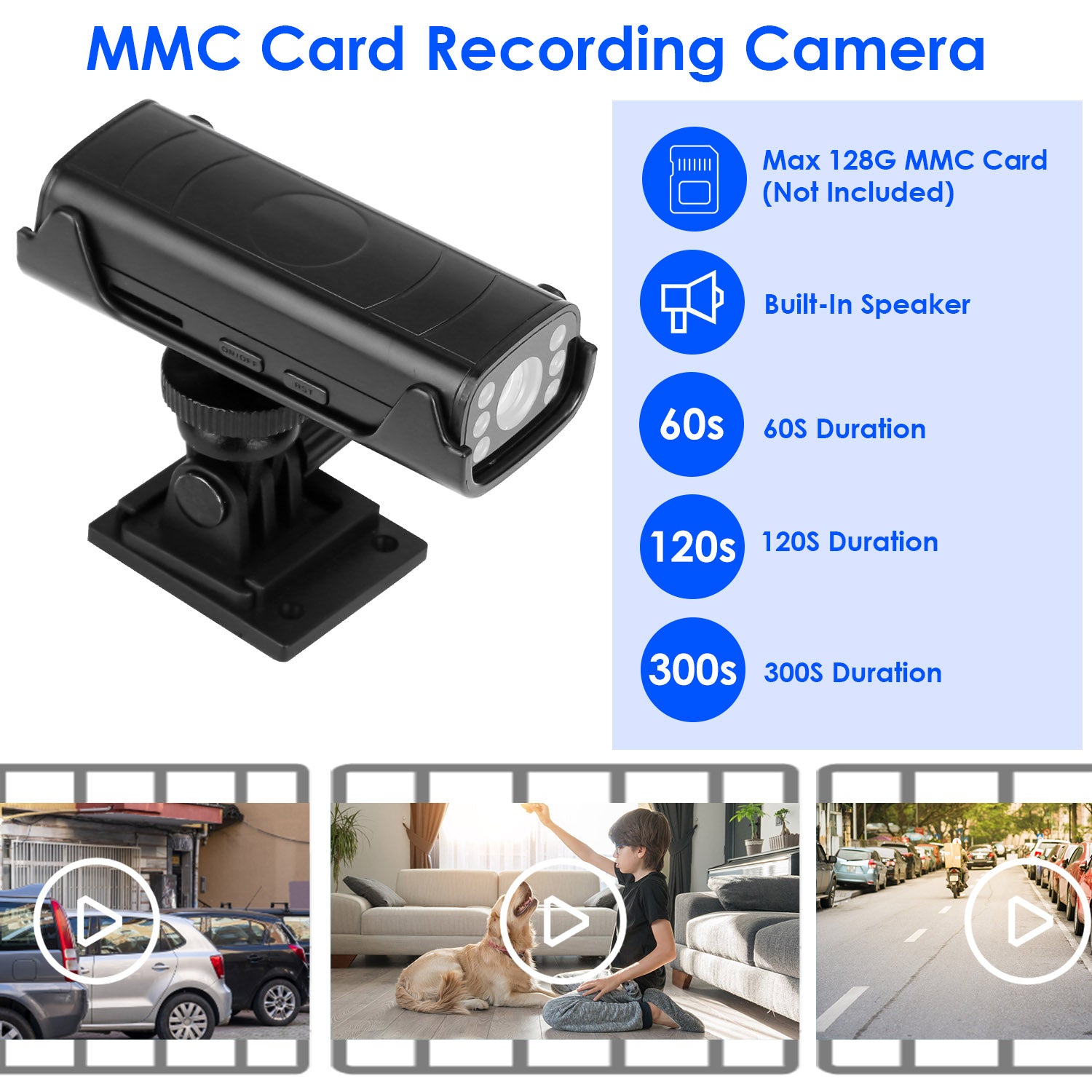 Black MMC card recording camera with features listed on a white background