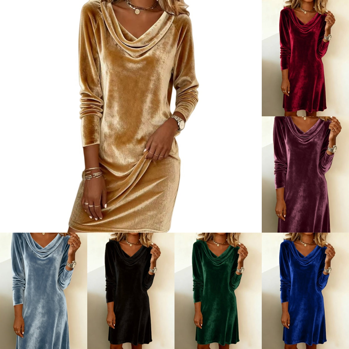 Collage of women wearing velvet dresses in various colors on a white background