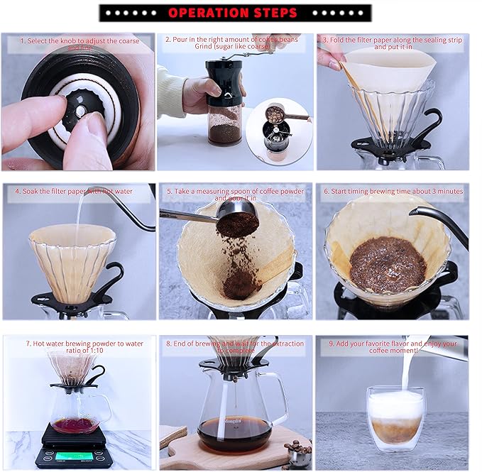 Step-by-step guide to making coffee using a filter and grinder.
