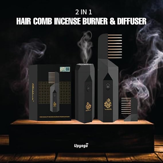 2-in-1 hair comb incense burner & diffuser with Upyoga branding on a dark background.