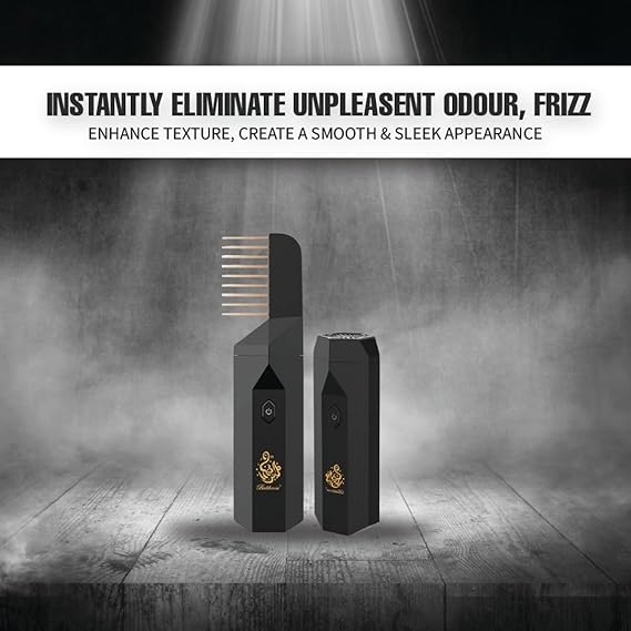 Two black bottles with gold accents on a wooden surface with a dark background