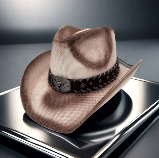 Brown cowboy hat with a decorative band on a reflective surface