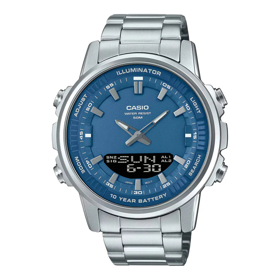 Casio watch with blue face and silver metal strap on a white background