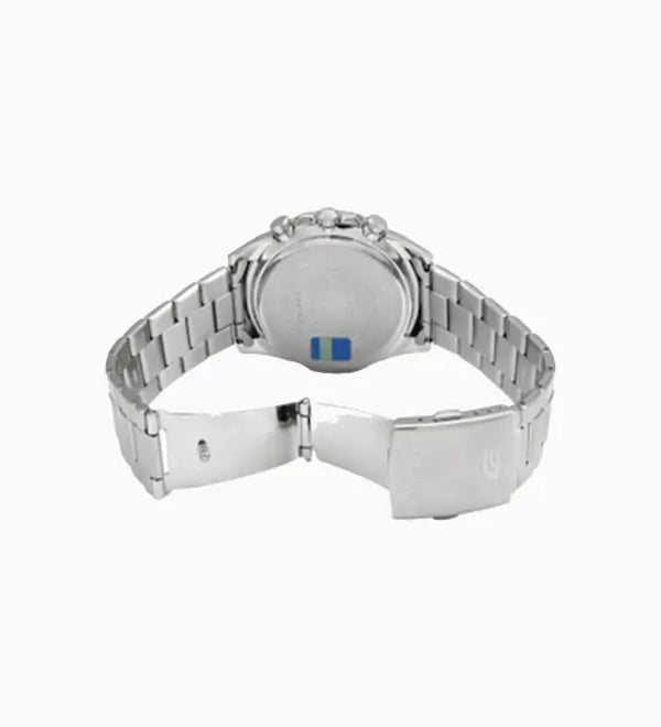 Silver watch with a metal band on a white background