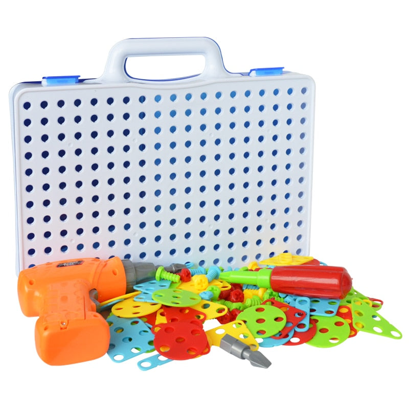 Kids' DIY Magic Drill & Screws Puzzle Set from Nova Mart featuring colorful educational block pieces and a pretend drill for interactive play.