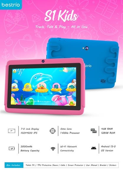 Two children's tablets, one pink and one blue, on a pink background with 'bostoria' branding.